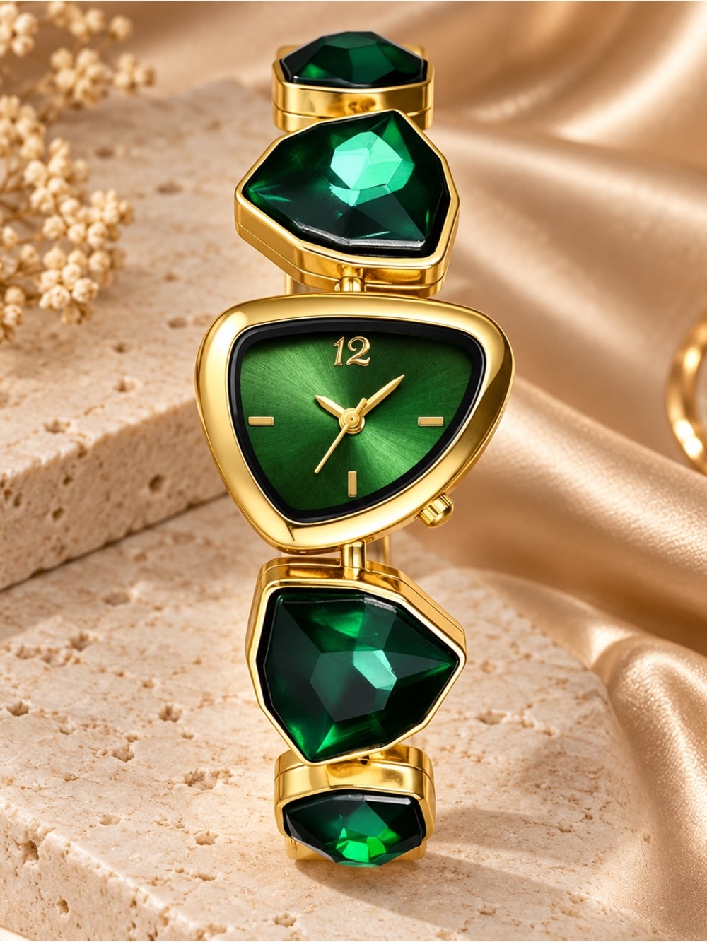 Gold Tone Green Crystal Bracelet Watch Women’s Statement Quartz Jewelry Watch